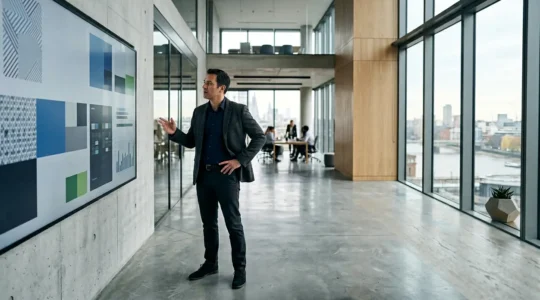 E-commerce director analyzing KPI dashboard on large screen in modern office