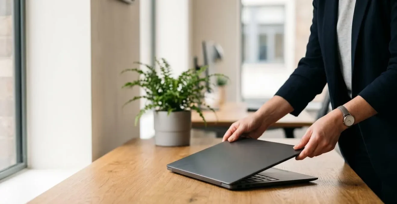 Corporate laptop with minimalist operating system interface representing extended device lifecycle and sustainability