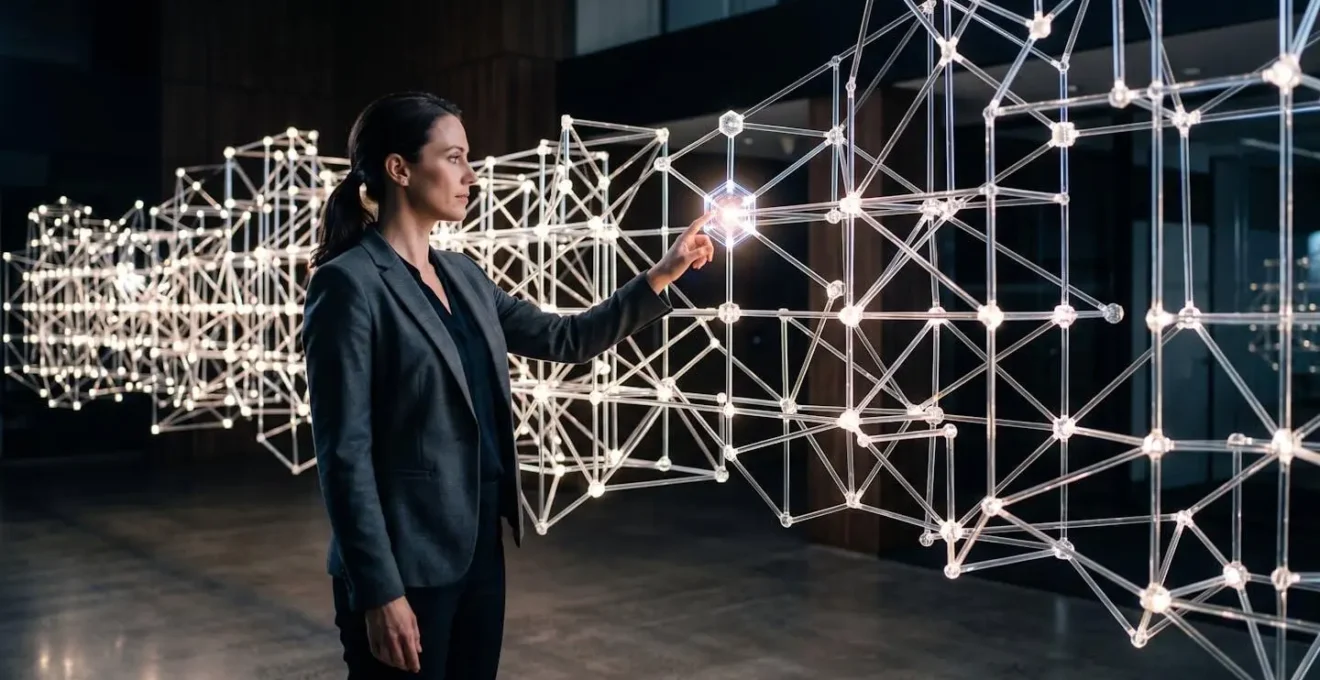 Business professional examining interconnected skill pathways on holographic display