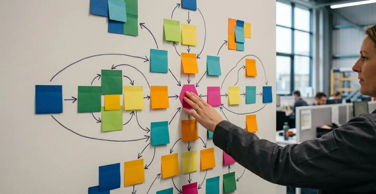 Visual process mapping flowchart displayed on wall in UK manufacturing facility showing lean documentation approach