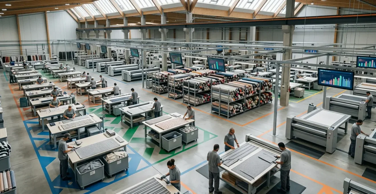 Modern textile factory implementing lean methodologies with optimized cutting tables and digital monitoring systems