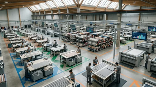 Modern textile factory implementing lean methodologies with optimized cutting tables and digital monitoring systems
