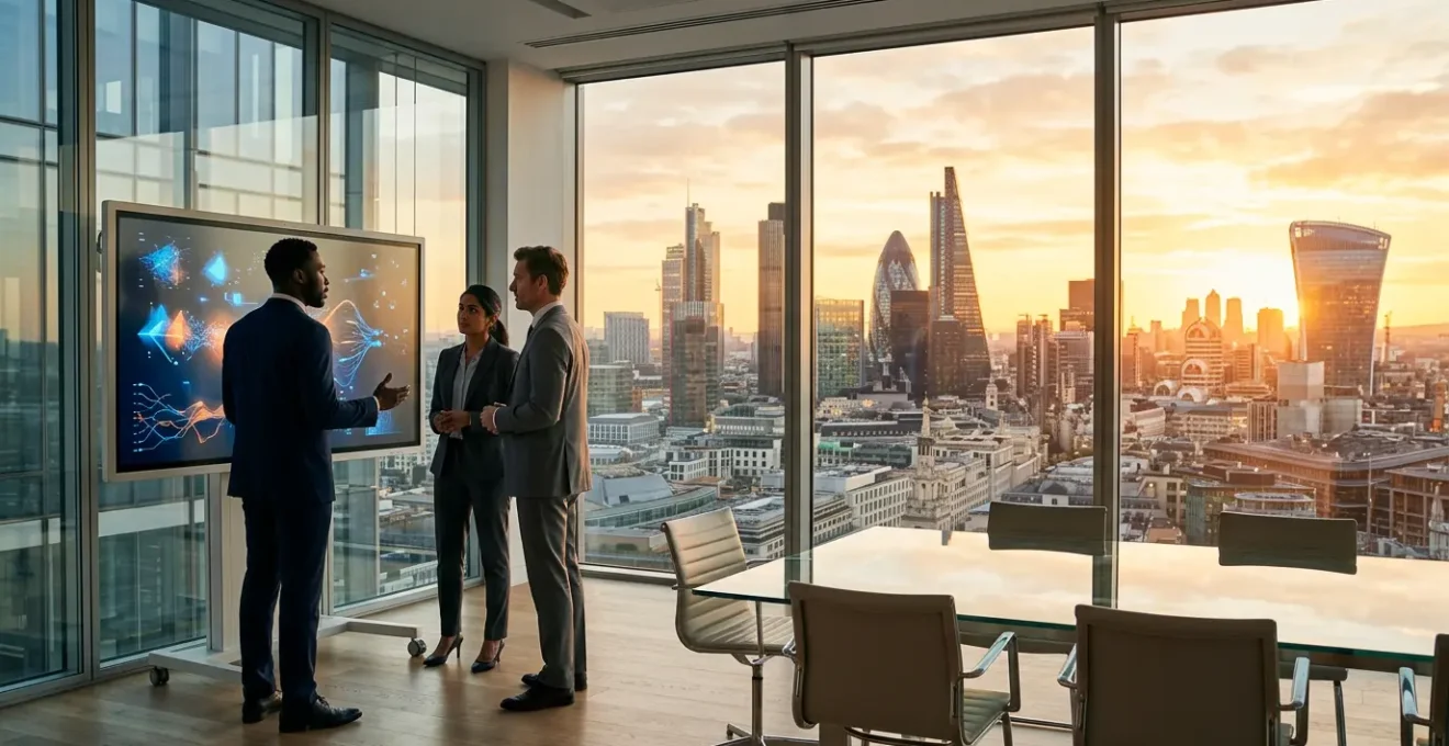 Professional team analyzing digital transformation data in modern London financial district office