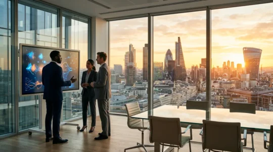 Professional team analyzing digital transformation data in modern London financial district office
