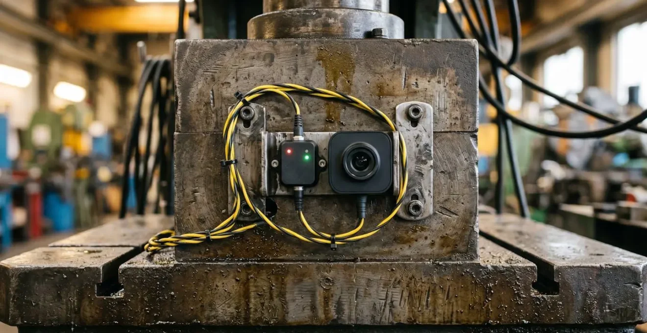 Close-up of vintage industrial press equipped with modern IoT sensors and edge computing devices