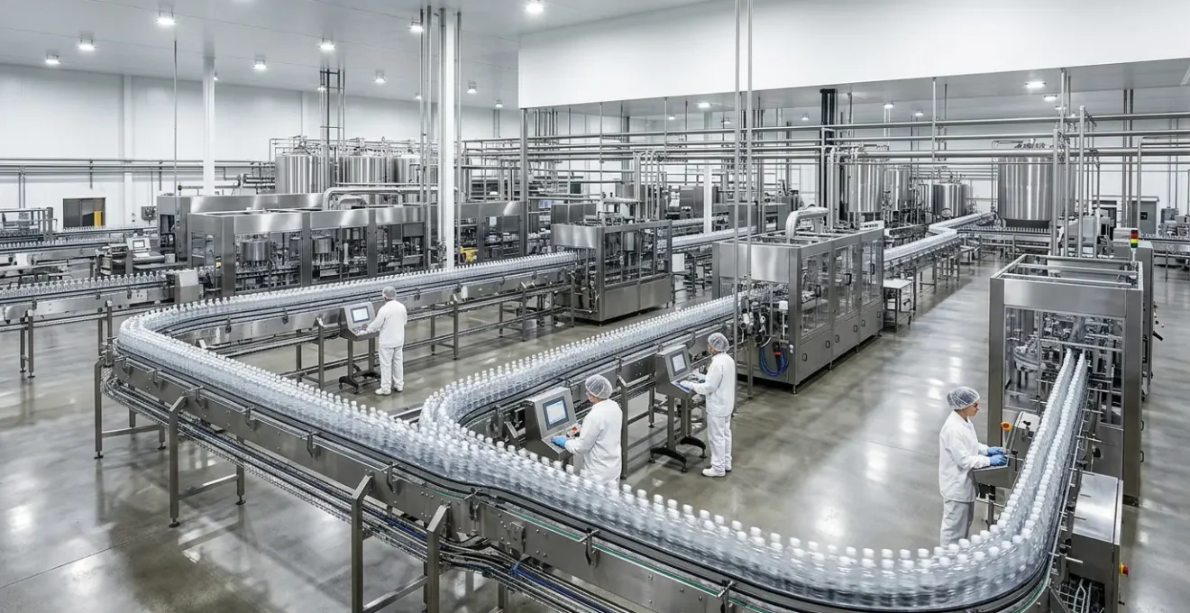 Modern food processing facility with high-speed bottling line demonstrating optimal equipment effectiveness