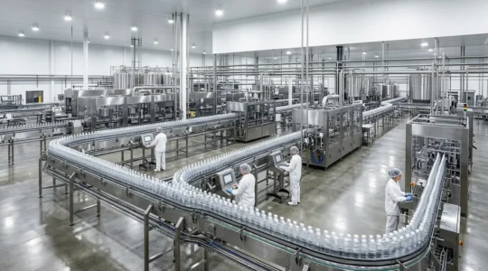 Modern food processing facility with high-speed bottling line demonstrating optimal equipment effectiveness