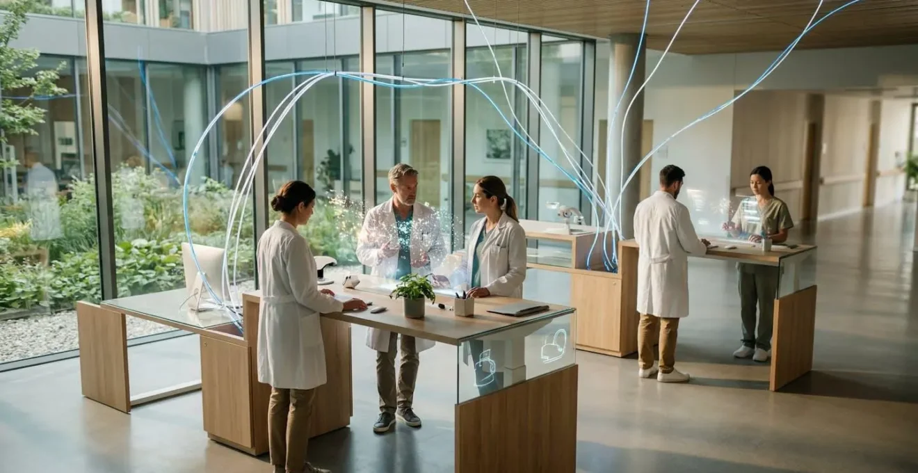 Healthcare professionals working with interconnected medical technology systems showing seamless data flow