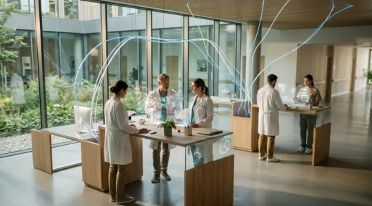 Healthcare professionals working with interconnected medical technology systems showing seamless data flow