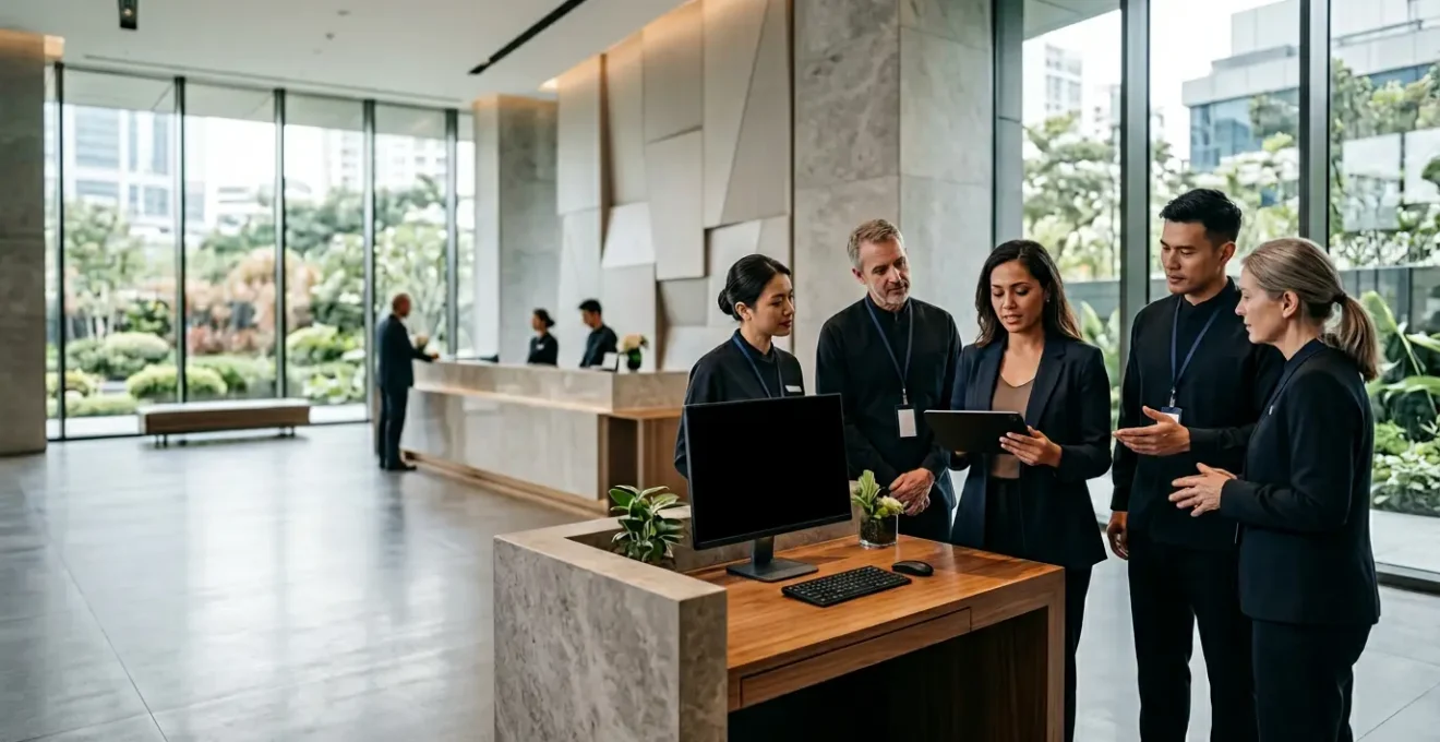 Hotel manager using tablet with digital HCM dashboard overlay in modern hotel lobby setting
