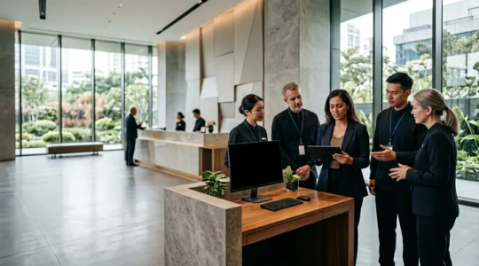 Hotel manager using tablet with digital HCM dashboard overlay in modern hotel lobby setting
