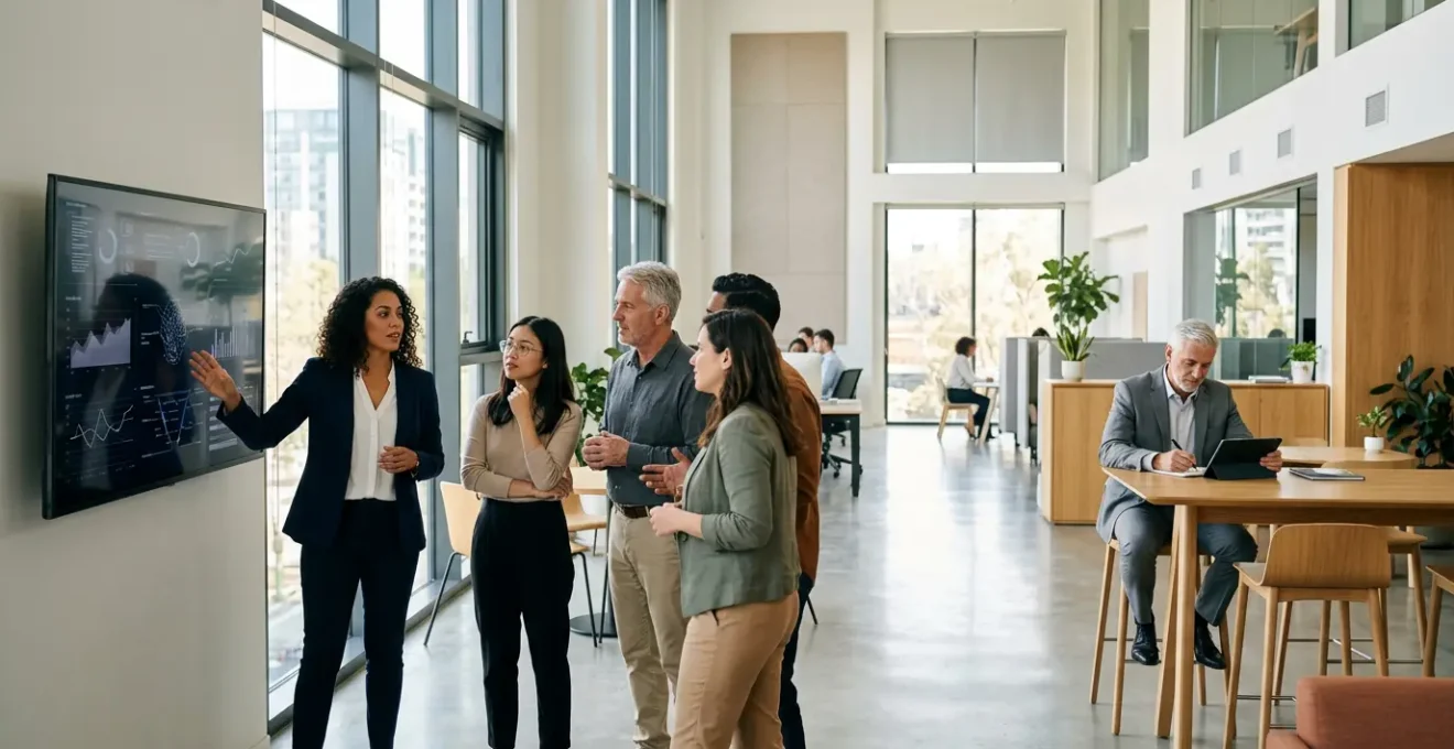 Diverse age group employees collaborating in modern office with digital tools