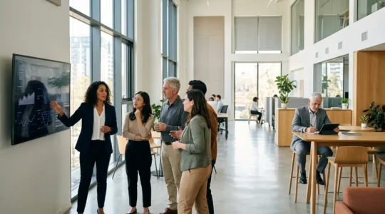 Diverse age group employees collaborating in modern office with digital tools