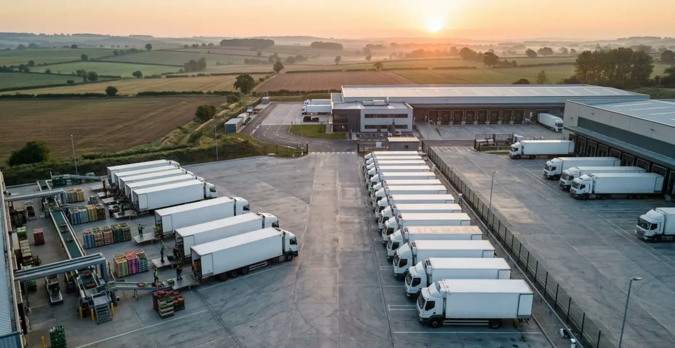 Aerial view of UK distribution center with automated systems and fresh produce logistics