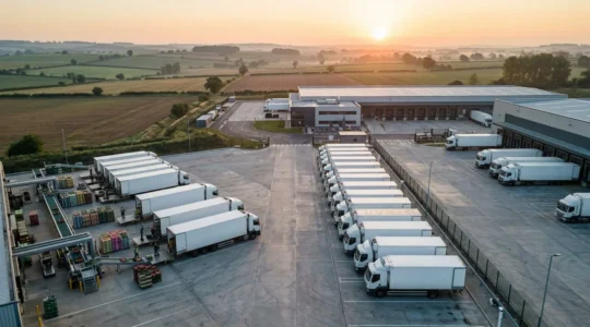 Aerial view of UK distribution center with automated systems and fresh produce logistics