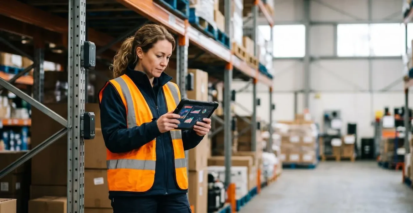 Engineer analyzing sensor battery health data on tablet in UK warehouse