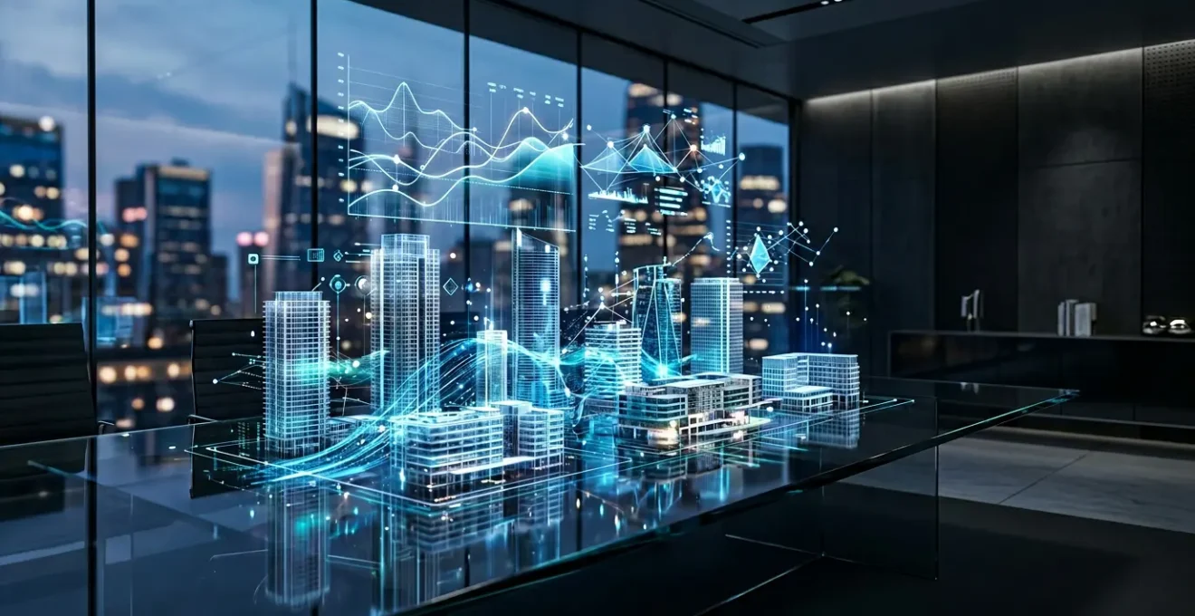 Advanced data analytics visualization for commercial real estate predictive modeling with holographic displays and architectural models