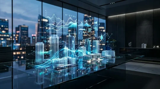 Advanced data analytics visualization for commercial real estate predictive modeling with holographic displays and architectural models