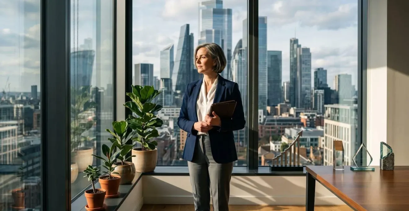 A sales professional in a modern office looking at ascending glass buildings, symbolizing long-term career growth and portfolio development.