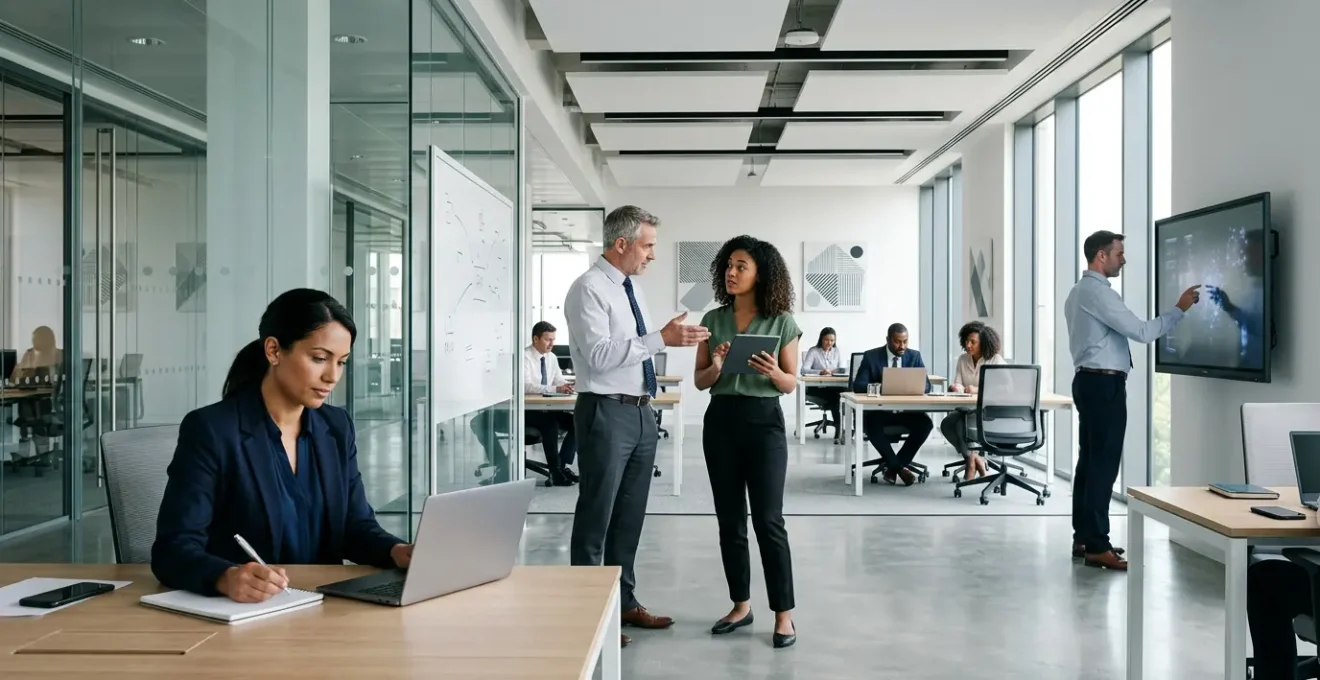 Government office workers collaborating on digital training modules in modern workspace