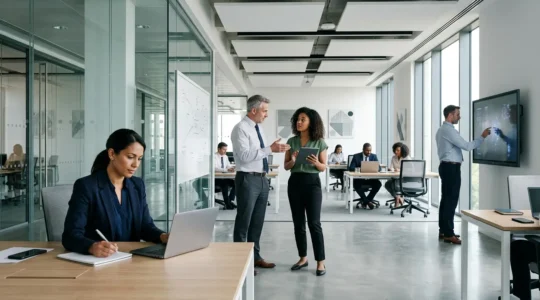 Government office workers collaborating on digital training modules in modern workspace