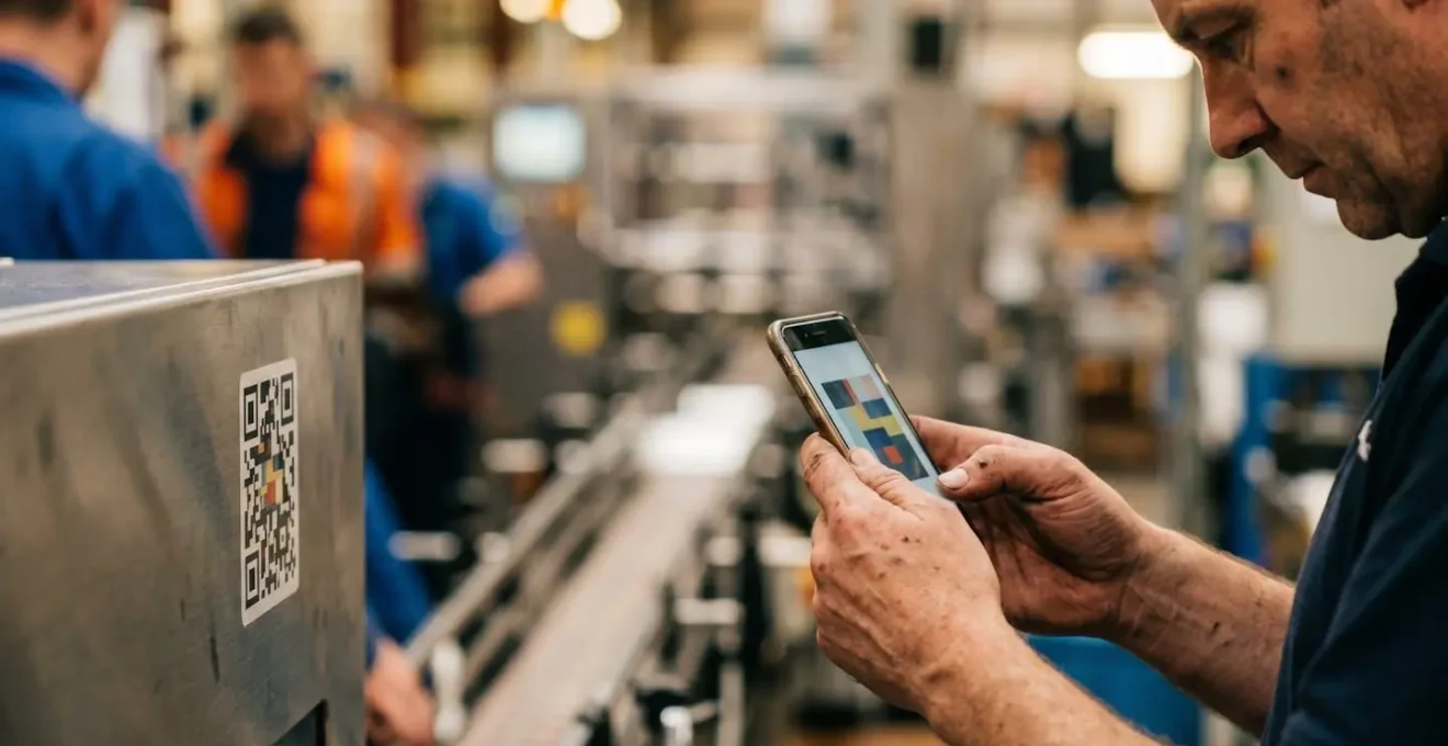 Factory worker scanning QR code on machinery for accessing latest digital work instructions
