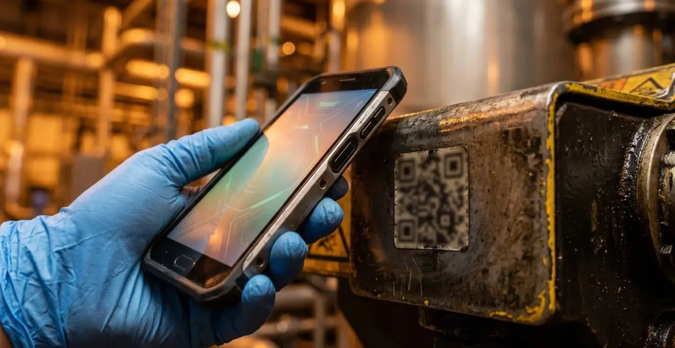 UK factory floor with technician scanning QR code on machinery for instant learning access