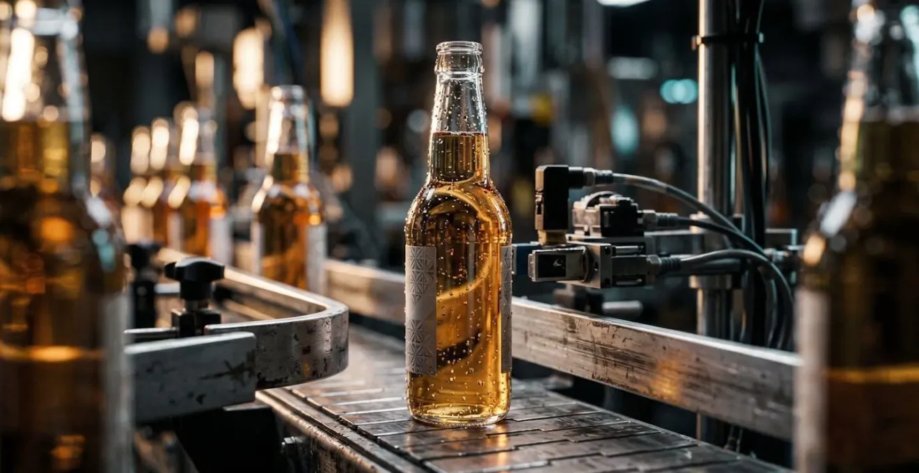 Close-up view of quality inspection system on high-speed bottling production line