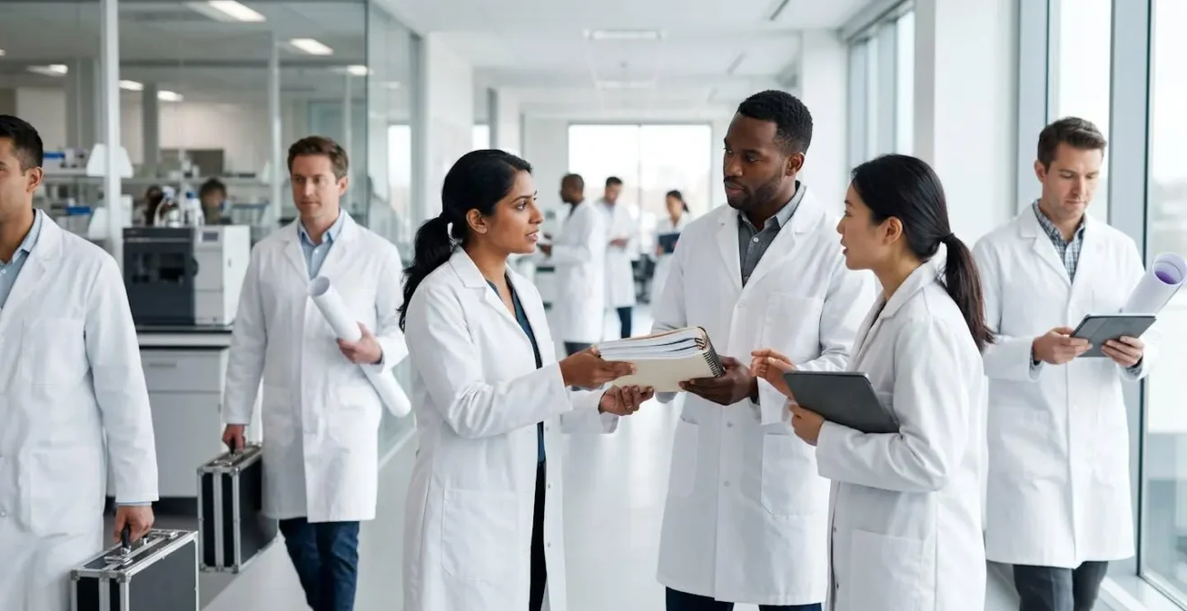 Scientists and engineers transitioning between laboratory projects showing dynamic resource reallocation