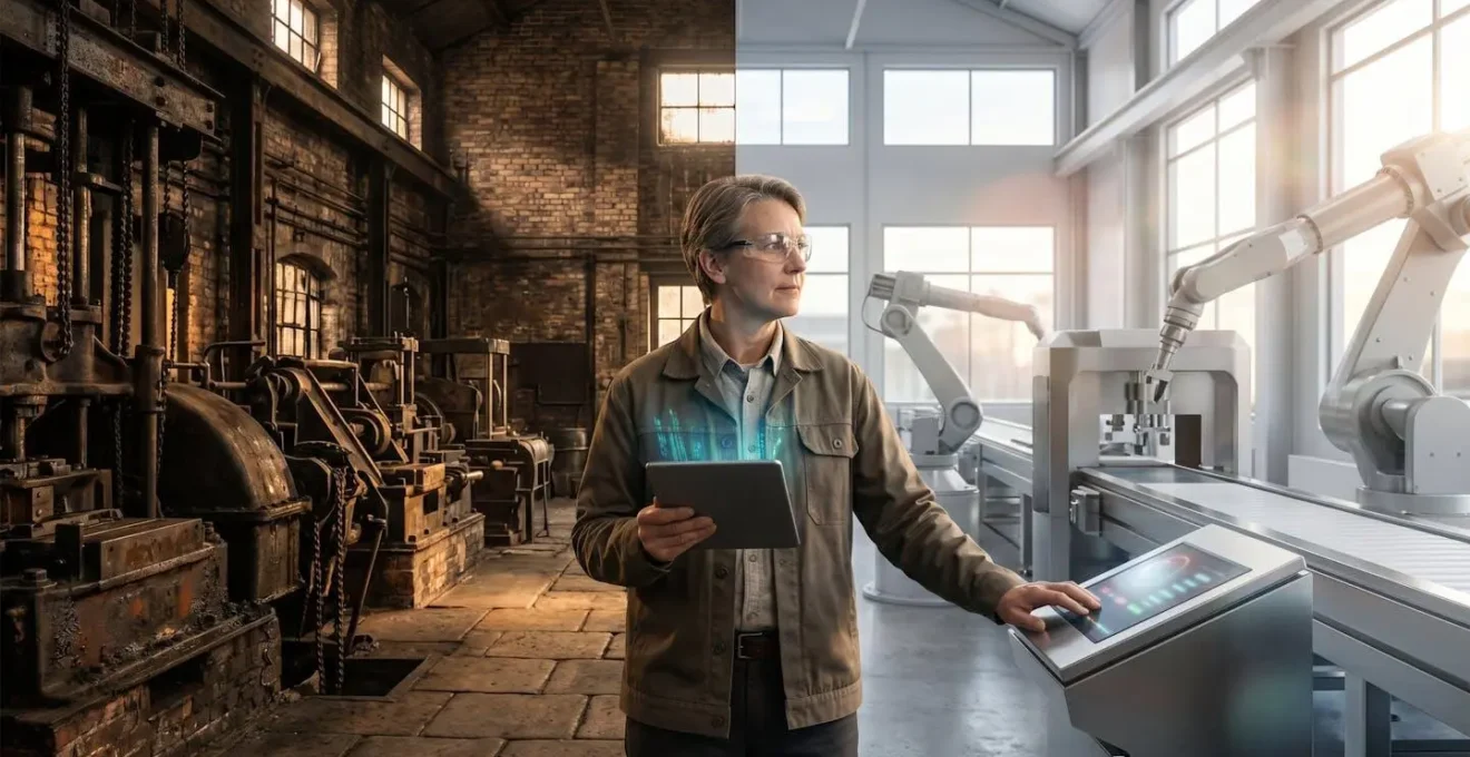 Factory floor with workers monitoring real-time performance metrics on large displays