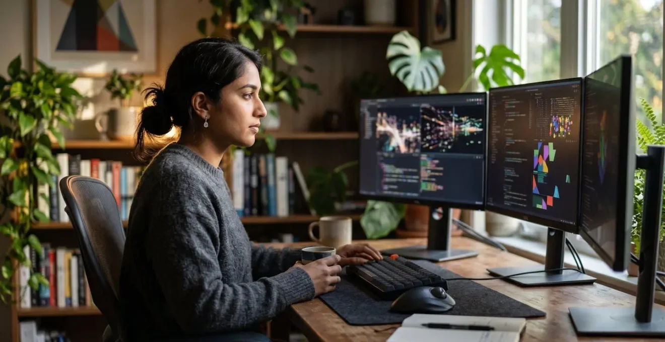 Home office setup showing developer workspace with abstract performance tracking visualizations