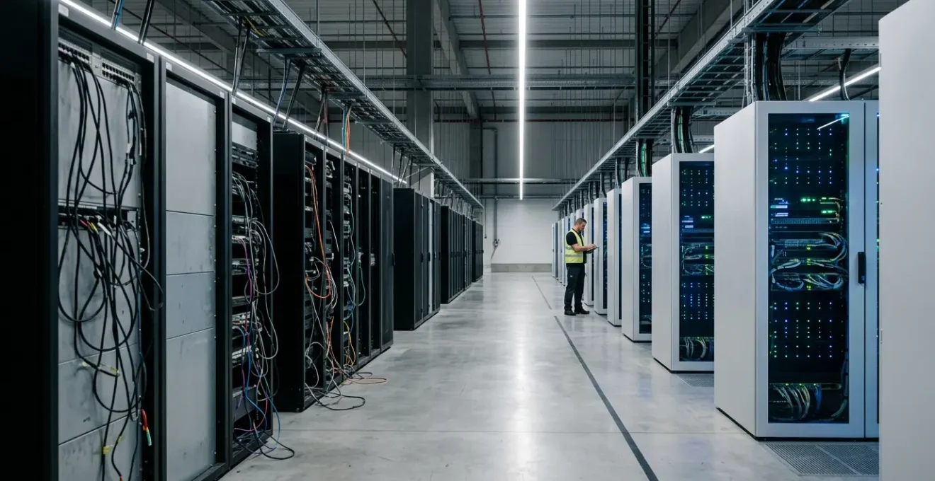 Wide-angle view of a modern data center transition with both legacy hardware and cloud infrastructure visible