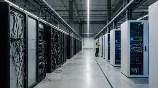 Wide-angle view of a modern data center transition with both legacy hardware and cloud infrastructure visible