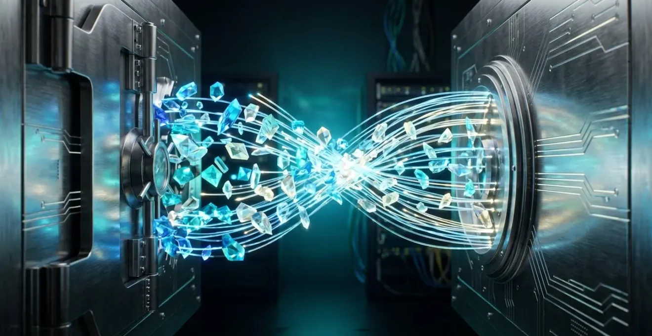 Secure data migration process showing encrypted file transfer between systems