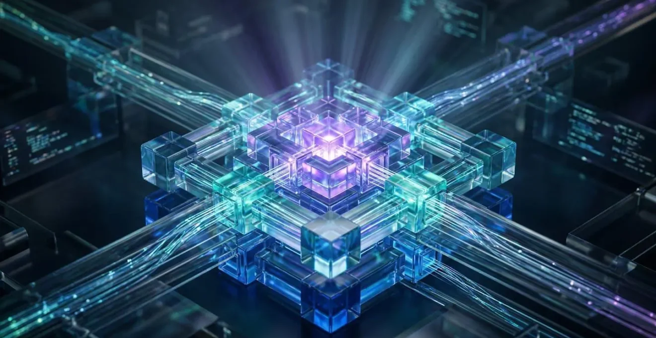Abstract visualization of secure API architecture with multiple interconnected nodes and security layers