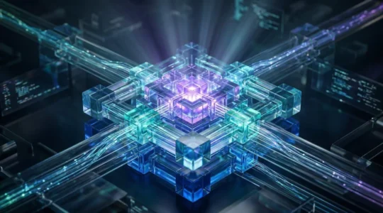 Abstract visualization of secure API architecture with multiple interconnected nodes and security layers