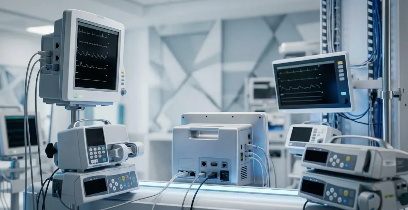 Modern hospital medical monitoring equipment in secure network environment illustrating healthcare cybersecurity