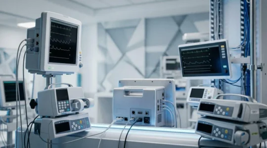 Modern hospital medical monitoring equipment in secure network environment illustrating healthcare cybersecurity