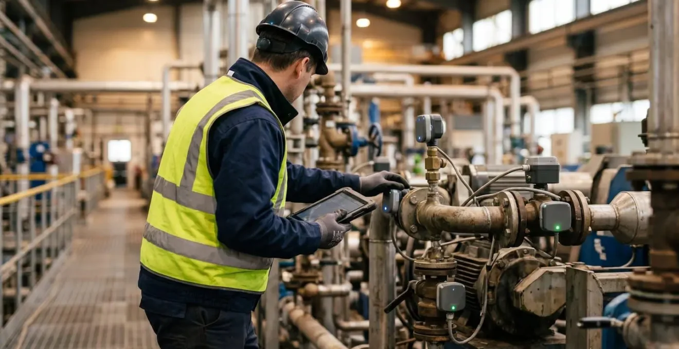 Industrial facility interior with IoT sensors and energy monitoring infrastructure