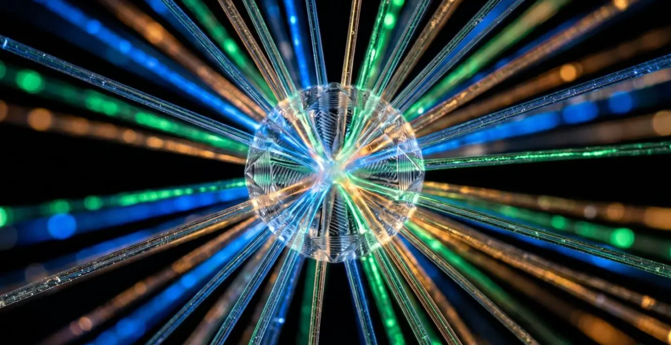 Macro photography of fiber optic cables converging into a central hub representing data flow integration