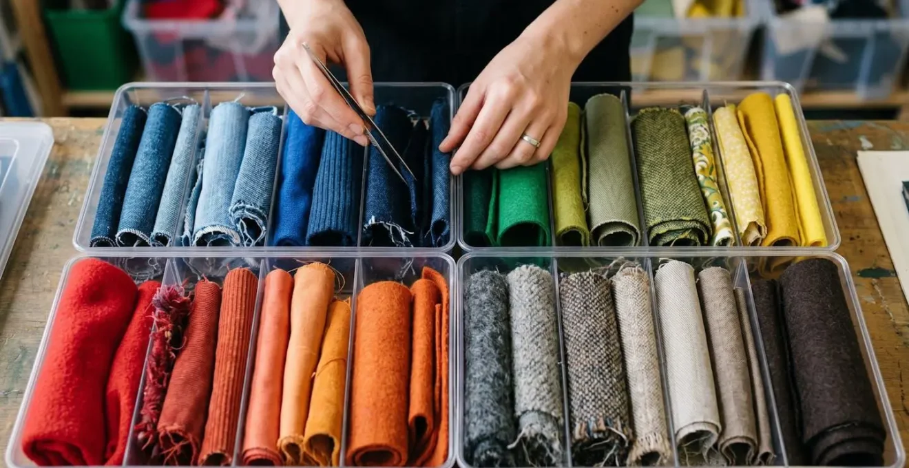 Close-up macro view of sorted textile offcuts organized by color and material type in a sustainable production facility