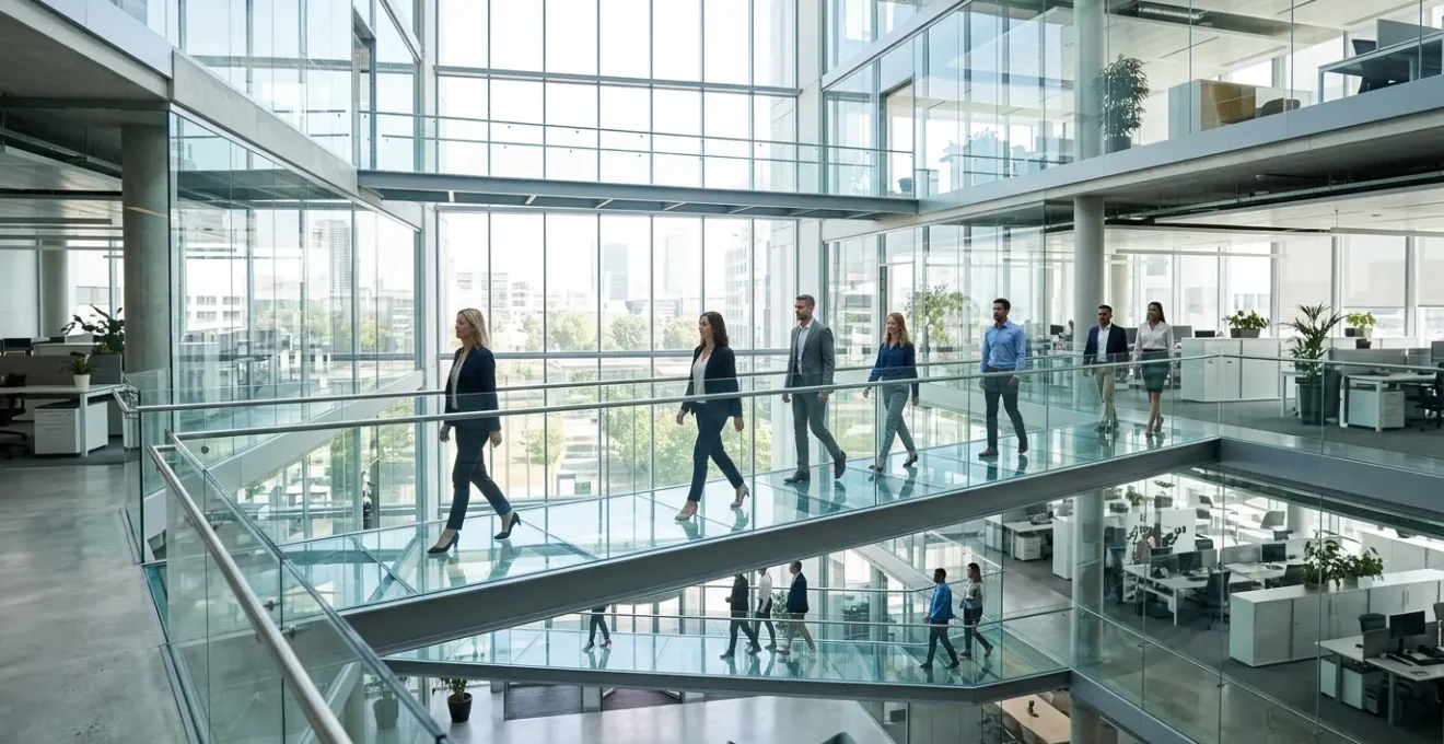 Corporate professionals walking on elevated glass pathways in modern office environment