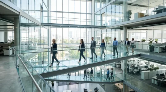 Corporate professionals walking on elevated glass pathways in modern office environment