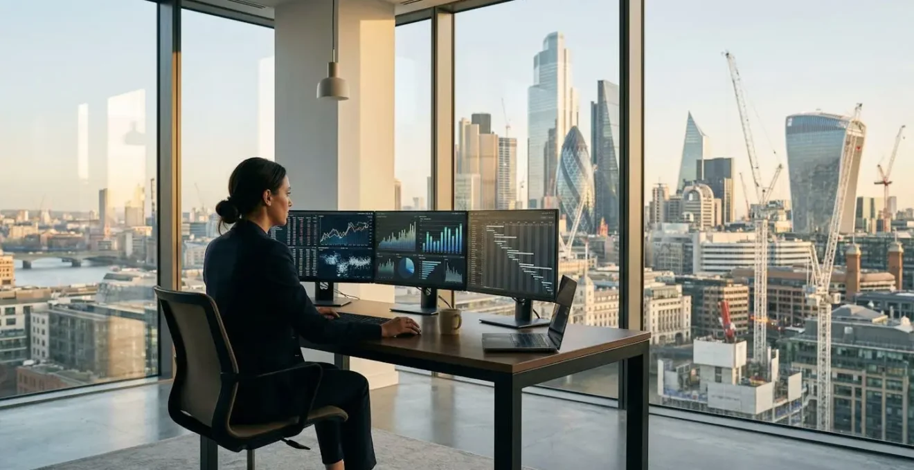 UK construction finance executive reviewing EBITDA metrics on multiple digital displays in modern office