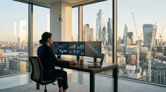 UK construction finance executive reviewing EBITDA metrics on multiple digital displays in modern office