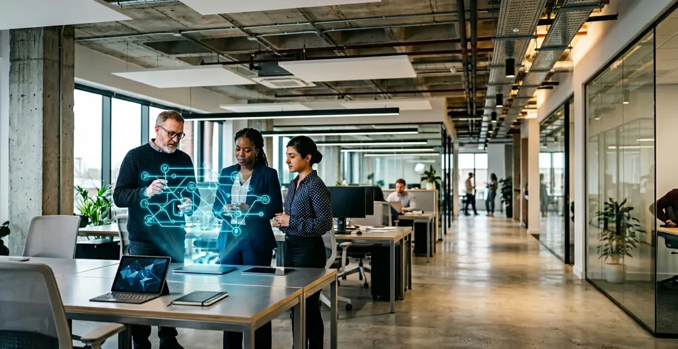Modern UK engineering workplace showcasing diverse engineers collaborating around holographic displays with digital skill trees and learning pathways