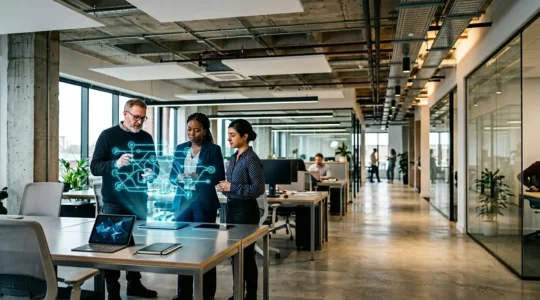 Modern UK engineering workplace showcasing diverse engineers collaborating around holographic displays with digital skill trees and learning pathways