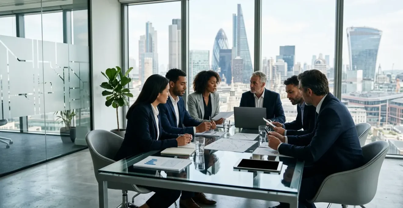 Professional UK financial services office showcasing diversity and collaboration