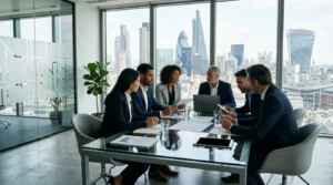 Professional UK financial services office showcasing diversity and collaboration