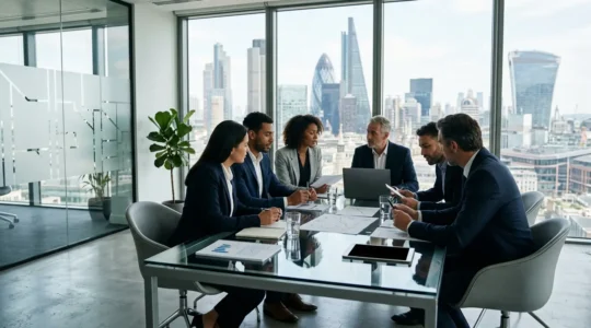 Professional UK financial services office showcasing diversity and collaboration